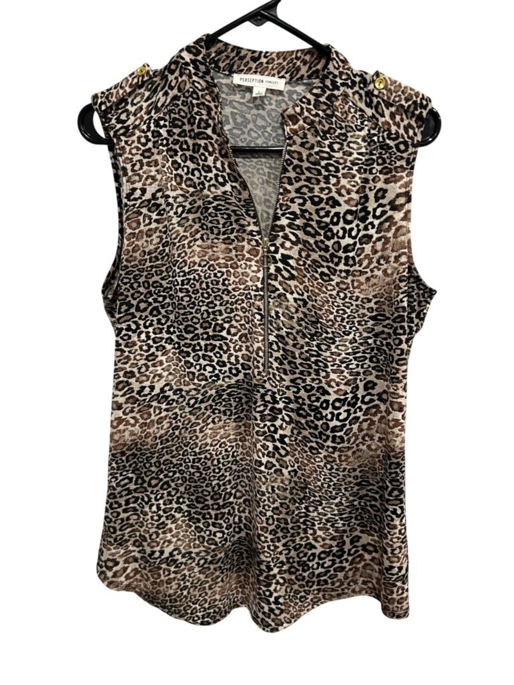 PerSeption Concept Leopard Print Sleeveless Blouse Size Large Zip Front Chic